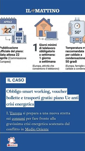 Obbligo smart working, voucher bollette e trasporti gratis: piano Ue anti crisi energetica