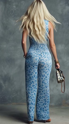 🎬Casual Retro Western V-Neck Front Zipper Leopard Print Light Blue Chiffon Jumpsuit