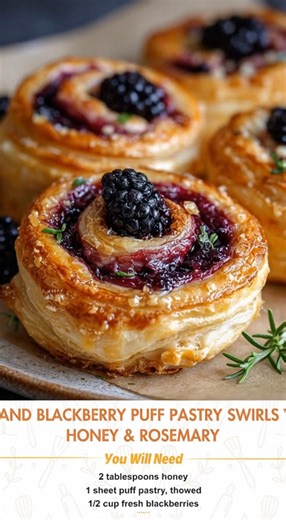 Brie & Blackberry Puff Pastry Swirls with Honey & Rosemary 🧀🍇🌿 Ingredients 1 sheet puff pastry, thawed 4–5 oz brie, rind on or off, thinly sliced ⅓–½ cup blackberry jam or preserves 1–2 tsp fresh rosemary, very finely chopped 1–2 Tbsp honey (plus more for drizzling) 1 egg, beaten (egg wash) Optional: flaky sea salt Instructions Prep: Preheat oven to 400°F (205°C). Line a baking sheet with parchment. Roll pastry: Lightly roll puff pastry into a rectangle, seams smooth. Spread filling: Spread b