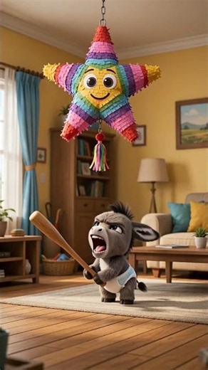 🎉🪅🫏 El Burrito golpea una gran piñata en su sala