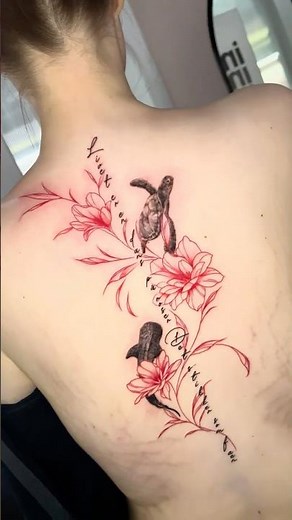 Elegant Floral Spine Tattoo with Sea Turtle & Whale | Fine Line Red Ink Tattoo