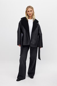 Oversized Belted Shearling Jacket Black