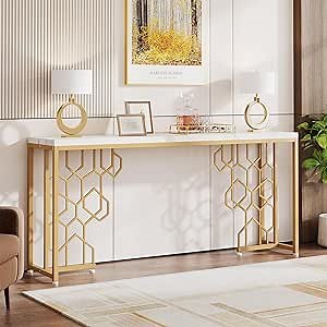 Tribesigns Modern Console Table, 70.87" Long Entryway Table for Living Room, Hallway, Entrance, Front Door, Foyer Sofa Table with Geometric Gold Frame & Faux Marble White Tabletop