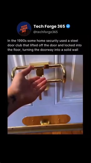 Tech Forge 365 | News & Fun Facts on Instagram: "In the 1990s some home security relied on a steel door club that lifted off the door and locked directly into the floor. How far the door could swing inward depended on where the floor socket was drilled, with some users allowing slight movement before the bar fully engaged. The idea was to anchor the door to the building itself rather than the frame or handle. By transferring force into the floor, the lock avoided common failure points like hinge