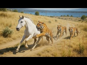 White Arabian Horse Hunted by Four Hungry Tigers Across the Grasslands