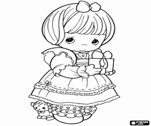 Little girl with a gift in hands coloring page printable game
