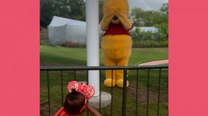 Toddler plays peek-a-boo with Winnie the Pooh