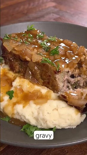 Pork Meatloaf with Onion Gravy #meatloaf #comfortfood #dinnerrecipe