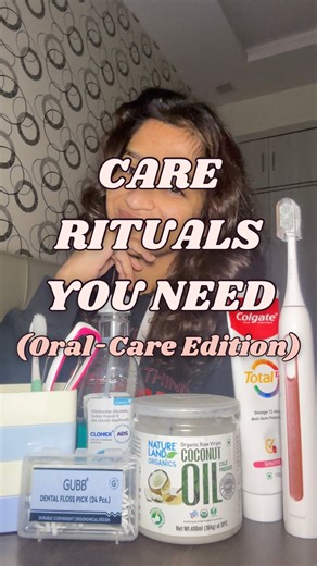 Swasti Goel on Instagram: "Care Rituals You NEED 🌸 (Oral Care Edition) Healthy teeth, healthy you—there’s a reason oral health and overall wellness go hand in hand. 😽🫶🏻 Taking care of your smile isn’t just about looks; it’s about feeling good inside out. 🌸 And hey, fresh breath? That’s just the cherry on top! 🍒 Products used: Floss: @gubb_world Coconut Oil: @naturelandorganics_official Electric Toothbrush: @oracura_solutions Toothpaste: @colgatein @colgate Tongue Scraper: @perforaofficial