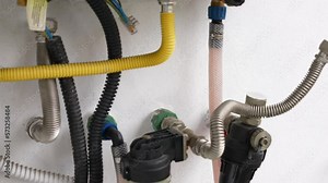 Repairing and maintenance of gas water heater pipes because of excessive calcium scale and sediment, plumbing tank with hot acid solution circulating through the home pipes to remove water stones and
