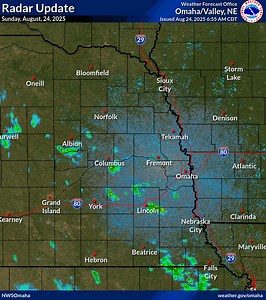 Radar Update 6:58AM...A few spotty showers have popped up this morning across central and Eastern Nebraska. These showers will continue to move to the southeast through the morning. | US National Weather Service Omaha/Valley Nebraska