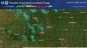 Here's a model forecast of how the radar could look today. Flurries or light snow showers this morning will transition to more organized snow bands this afternoon into evening. Significantly reduced visibilities are likely in the stronger bands. | US National Weather Service Omaha/Valley Nebraska