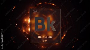 Berkelium as Element 97 of the Periodic Table. Seamlessly looping 3D animation on orange illuminated atom design background with orbiting electrons. Name, atomic weight, element number in Spanish lang