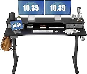 DUMOS 55 Inch Electric Standing Desk with Double Drawers Height Adjustable Sit Stand Up PC Work Table Ergonomic Rising Home Office Computer Workstation with Storage Shelf