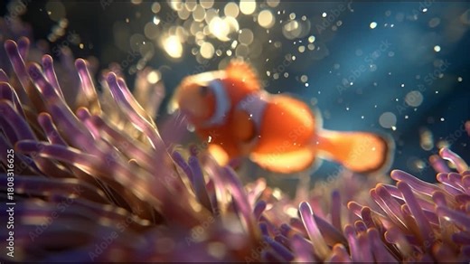 Animated clownfish swimming playfully among vibrant coral reefs in crystal-clear blue ocean water, a dynamic underwater adventure for kids and families