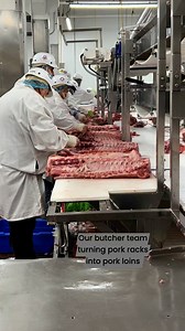 A good way to start the week! Our #butcher team is taking whole pork racks and turning them into #pork loins for further processing. Just like a reverse assembly line! #food #butchers #pork #porkloin | Chicago Meat Authority