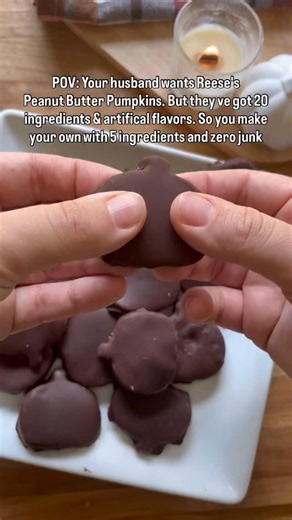 Meaghan Williamson on Instagram: "Homemade Reese’s PB Pumpkins ⬇️ Recipe below, off comment PUMPKIN and I’ll send it over! Store-bought Reese’s Pumpkins have over 20 ingredients, including artificial flavors and preservatives. Most people don’t realize they’re loaded with processed oils and unnecessary additives. It’s way easier (and cleaner) to just make your own at home. Ingredients: -3/4 cup natural peanut butter -2/3 cup almond flour -¼ cup pure maple syrup -½ cup chocolate chips -1 teaspoon