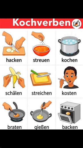 Heute lernen wir wichtige Kochverben auf Deutsch! 🍳✨ Ob hacken, kochen, braten oder backen – diese Verben brauchst du in der Küche jeden Tag. Welches Verb benutzt du am häufigsten? Oder kochst du lieber gar nicht? 😄 Schreib’s in die Kommentare und lass uns zusammen Deutsch lernen! 🇩🇪📚🔥 ----------------------------------------------------------------------------------- Today we’re learning some essential German cooking verbs! 🍳✨ Whether you’re chopping, cooking, frying or baking – these ve