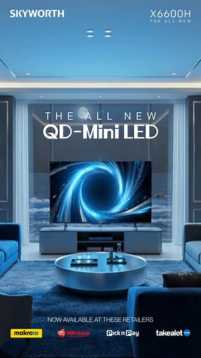 The X6600H with QD Mini LED brings every detail to life. In this serene lounge, a dynamic electric blue spiral rotates on-screen while the ocean stretches beyond the glass walls. Dolby Vision & Atmos let you see beyond the screen. Now available in stores. #QDMiniLED #UltraHD #120Hz #TurboMotion #MEMC #HDR #DolbyVision #HDR10Plus #HighDynamicRange | SKYWORTH South Africa