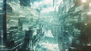 Digital visualization of a cityscape filled with a multitude of windows, representing urban density and architectural complexity, Layers of data floating in a digital space