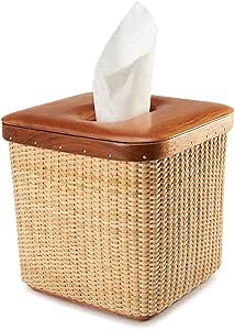 Rattan Tissue Holders Modern Square Paper Facial Tissue Box Extraction Paper Rectangular Holder for Storage on Bathroom Vanity Countertop Bedroom Dresser