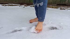 Child Walking Barefoot in Snow. Close-up of Childs Bare Feet. Hardening of Body by Walking in Snow Stock Footage - Video of close, outdoors: 267993240