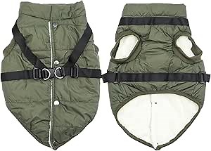Dog Jacket with Harness,Fleece Lined Warm Puppy Coat for Winter,Soft Windproof Small Dog Vest,Green S