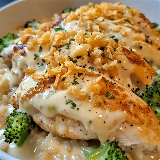 Swiss Chicken Casserole Creamy Swiss chicken baked with broccoli, rice and a crunchy topping Ingredients: - 4 boneless, skinless chicken breasts - 1 cup shredded Swiss cheese - 1 can (10.5 oz) cream of mushroom soup - 1/2 cup sour cream - 1/2 cup milk - 1 cup broccoli florets, steamed - 1 cup cooked rice - 1 cup French fried onions - 1 teaspoon garlic powder - 1 teaspoon onion powder - Salt and pepper to taste | Homestyle Cooking USA