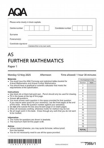 2025 AQA AS Level FURTHER MATHEMATICS Paper 1 (7366/01)