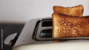 Roasted bread in white toaster. two delicious and toaster toasts. the process of frying toasts.