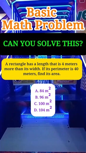 2.3K views · 17 reactions | A rectangle has a length that is 4 meters more than its width. If its perimeter is 40 meters, find its area. A. 84 m² B. 96 m² C. 100 m² D. 104 m² #fblifestyle #mathematics #mathskills #maths | MathTalks | Facebook