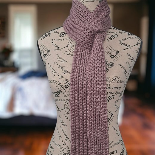 Chunky Knit Skinny Scarf in Hand Knitted Pink Wool - Fisherman's Rib - Etsy