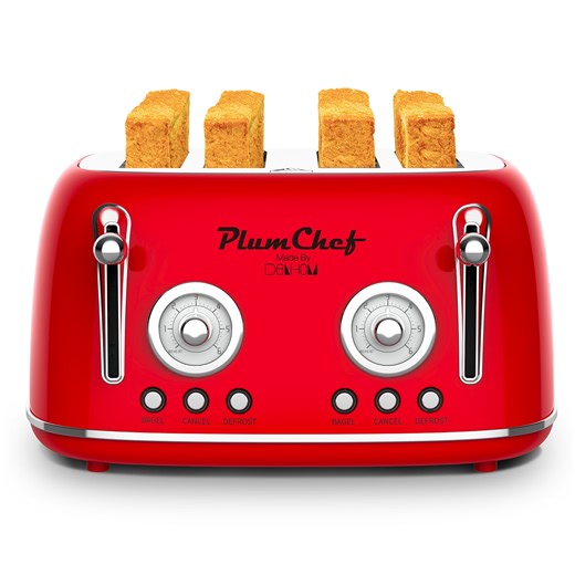 Retro Red 4-Slice Toaster, Dual Control, 6 Browning Levels, Bagel & Defrost Functions, Stainless Steel Housing, 1650W, Removable Crumb Tray
