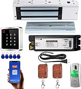 Access Control System Kit with IP68 Waterproof Metal Touch Keypad, 1200LB Magnetic Lock, Zinc Alloy Exit Button, 2 Remote Controls and Tuya App Remote Access