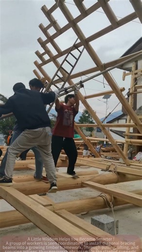 Traditional Timber Framework Assembly: Team Effort in Installing Bracing Beams