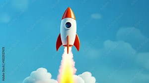 A cartoon rocket ship blasts off from a cloud of smoke into a blue sky.