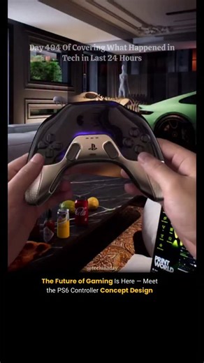 Tech in A Day on Instagram: "A futuristic PlayStation 6 controller concept design has been revealed, showcasing a sleek and innovative design with features like adaptive haptics, built-in displays, and new input methods. The design, although fan-made, sparks excitement and speculation about Sony's potential plans for the PlayStation 6. With its transparent elements and glowing accents, the controller promises deeper immersion and more dynamic gameplay, taking console gaming to the next level #pl
