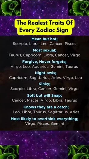 43K views · 180 reactions | The Realest Traits Of Every Zodiac Sign   Every zodiac sign has traits that make them unique, powerful, and unforgettable!  From love to loyalty to hidden truths, find out the most real qualities of your sign. Share if this matches you! #zodiactraits #astrologyfacts #viralreels #zodiacenergy #facebookreels #fyp #cosmicvibesonly | Zodiac Signs Hub | Facebook