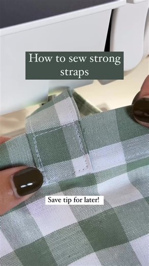 How to sew strong straps - read more below ✂️ This is my favourite method of sewing straps that are strong and durable! It’s beginner friendly can be sewn quickly. Place the strap on your bag and tuck the bottom edge under by 1cm. Starting at the bottom sew a line until you reach a corner. Then, place the needle in the fabric and lift the presser foot up. Twist the fabric in the direction of the next corner and place the presser foot back down. Continue to sew and pivot until you reach where you