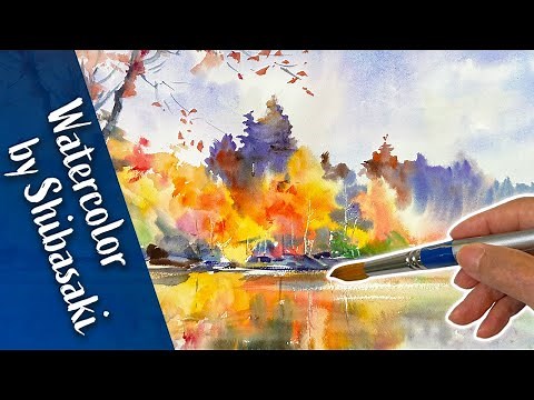 [Eng sub] Watercolor demonstration | Wet-in-Wet paints an autumnal forest of fall colors on the lake
