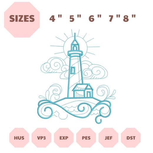 Lighthouse Scene Embroidery Design, Nautical Coastal Waves Machine Embroidery File (digital Download) - Etsy