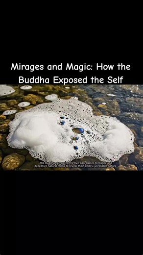 The Buddha compared the five aggregates to fragile and deceptive natural forms to reveal their empty, unreliable nature. Form is likened to foam on a river—appearing solid from afar but collapsing upon touch. It shows that the body, though seemingly substantial, is fleeting and without a core. Feeling is compared to bubbles arising and bursting on water, symbolizing how sensations of pleasure and pain appear momentarily and vanish just as quickly. Perception is like a mirage, misleading the mind