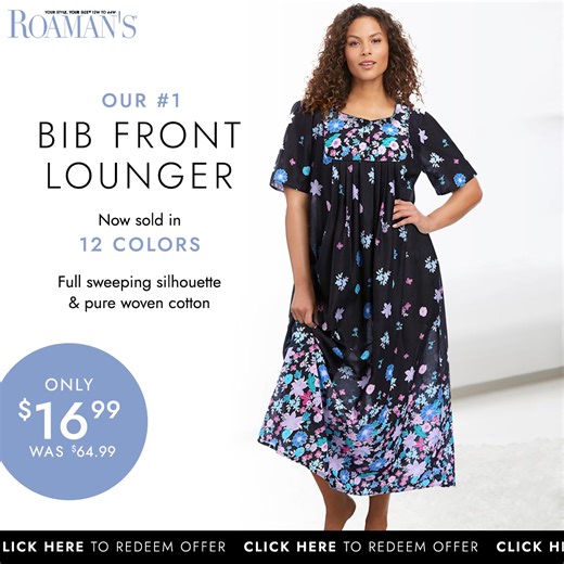 Get your beauty rest—and BIG savings—with our patterned and cozy Bib Front Lounger | Roaman's