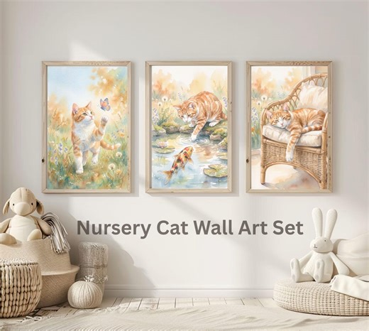 Children's Room Wall Art Set with Animals, 3-Piece Cat Poster Download, Baby Room Wall Decor, Watercolor Cat Pictures, Printable Nursery Wall Art
