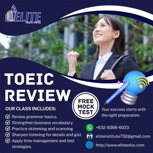 𝐓𝐮𝐫𝐧 𝐄𝐧𝐠𝐥𝐢𝐬𝐡 𝐒𝐤𝐢𝐥𝐥𝐬 𝐈𝐧𝐭𝐨 𝐎𝐩𝐩𝐨𝐫𝐭𝐮𝐧𝐢𝐭𝐢𝐞𝐬! Our 𝐓𝐎𝐄𝐈𝐂 Review Program teaches more than test strategies. Strengthen your grammar, vocabulary, listening, and reading while practicing English for real-life situations. Speak with confidence in the office, at interviews, and on your travels. The TOEIC score is just the beginning — your success comes next. With the right training and support, you’ll be ready to take on new roles, new challenges, and new possibilities