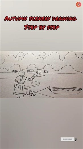 🌾🌼Autumn Season Scenery Drawing With Girl Holding Kash Flower||Saratkal Drawing #shorts #drawing