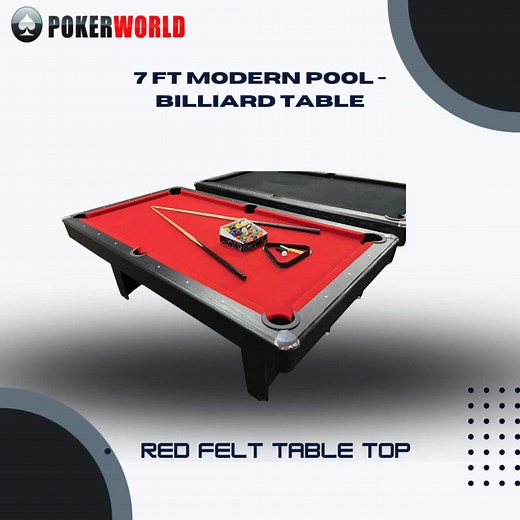 7FT Modern Pool Table [RED FELT] – $595 (Save $154!) Take your entertainment to the next level with Pokerworld’s Modern 7FT Pool Table, featuring a sleek black laminate finish and vibrant red felt top for that professional look. 💪 Why you’ll love it: ✅ 90% assembled – just screw the legs on (no long setup!) ✅ Height adjustable feet for perfect balance ✅ Durable nylon pockets to reduce noise ✅ Solid design for long-lasting performance 📏 Dimensions: 215(L) x 118(W) x 79.5(H) cm 🎁 Included Acces