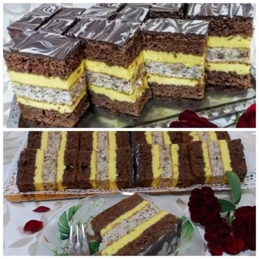 38K views · 214 reactions | Prajitura Regina Maria - Blatul de ciocolata se imbina perfect cu nuca si crema de vanilie Vezi in comm cum se prepara  | Retete Delicioase | Facebook