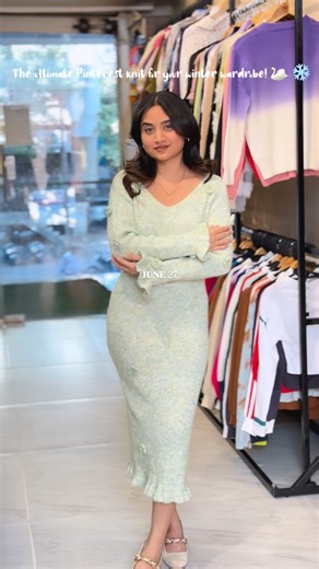 June 27 on Instagram: "The Floral Muse Knit 🌸 Elevate your cozy era with the ultimate Pinterest-ready maxi. Featuring delicate 3D rose appliqués, feminine ruffled cuffs, and a matching knitted choker for that perfect Coquette-meets-Winter aesthetic. • The Details: Soft-touch rib knit with a flattering V-neckline. • The Colors: Available in Creamy Oat and Frosty Sage. • The Vibe: Effortless, romantic, and cozy. To order or inquire about a product, please send a screenshot of the item via Instagr