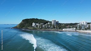 The world famous Burleigh Heads surf break with the iconic headland and township built on the coastal fringes. Drone view